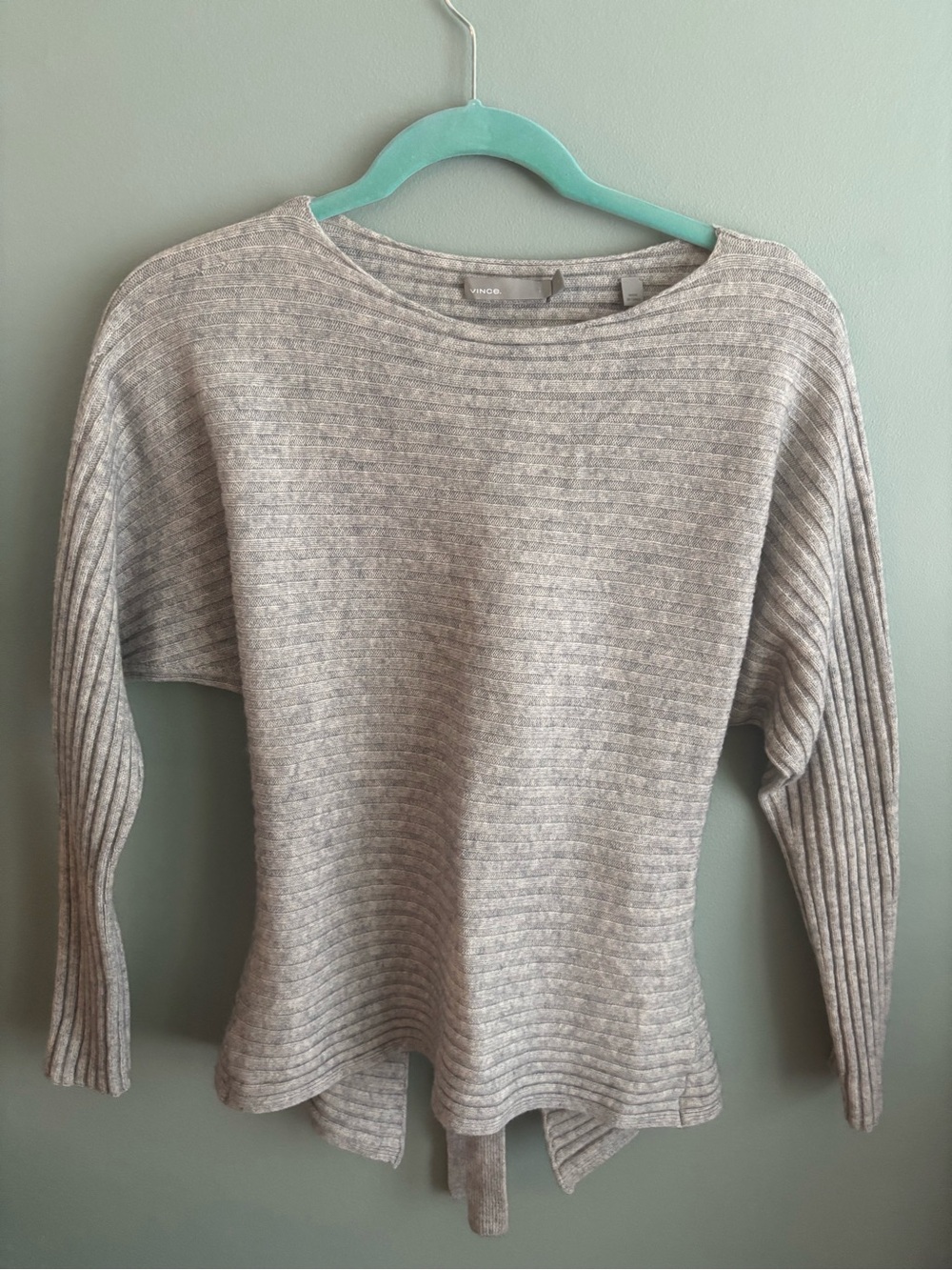 Vince Gray Ribbed Wool Cashmere Open Tie Back Knit Sweater Pullover Small